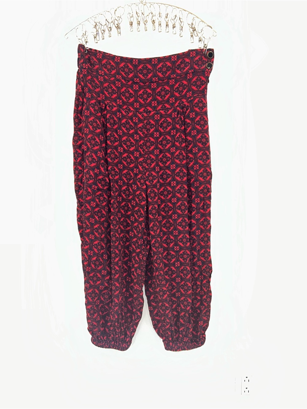 Anthropologie Red and Black Patterned Elastic-Hem Pants with Buttons